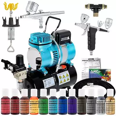 2 Airbrush Cake Decorating Tank Air Compressor Kit 12 Chefmaster Food Colors Set • $272.99