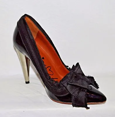 Lanvin H&m 36 Black Leather Satin Pointy Bow Pumps Silver Gold Stiletto Heels • $110