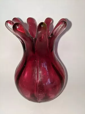 Vintage Hand Blown Glass Vase Cranberry Ribbed Ruffles • $16