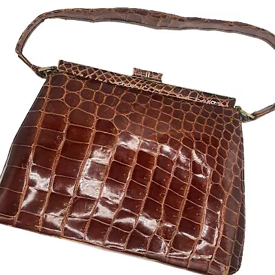 Vintage Alligator Handbag Purse Brown Framed Embossed Leather Kisslock • $34.99