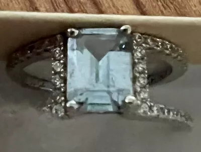 Aquamarine Emerald Cut Ring With CZ Size 8 In Jewelry Gift Box • £28.22