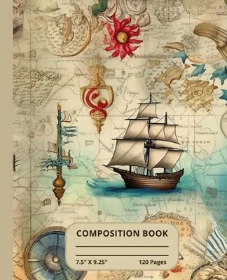 Back To School Composition Notebook Vintage Nautical Map Pirate Ship 7.5 X 9.25 • $8.25