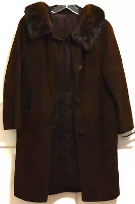 Vtg 60s Suede Leather Womens Swing Coat Mink Fur Button Size Small Med Chocolate • $55