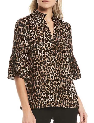 MICHAEL Michael Kors Cheetah Print V-Neck Dark Camel Top Size M NWT • $19