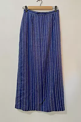 Vintage Laura Ashley Pinstriped Maxi Skirt 100% Linen Navy White Size 10 • £15.99