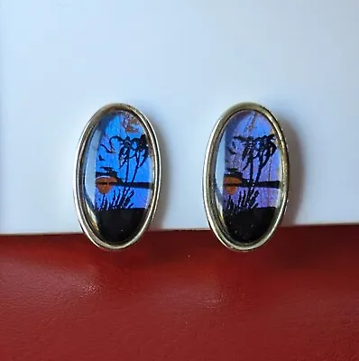 Vtg Morpho Butterfly Wing Palm Tree Sunset Beach Water Silver Tone Clip Earrings • $12