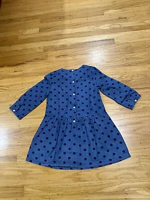 Mini Boden Dress Little Girl 9-10 Blue Polka Dot Smocked Ruffles Long Sleeve • $12.95