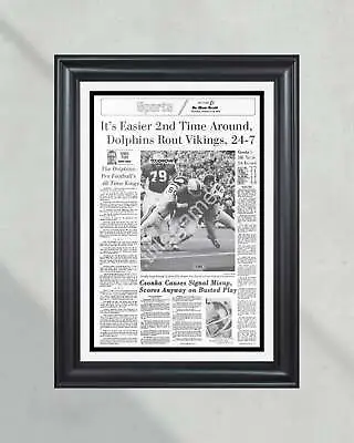 1974 Miami Dolphins Super Bowl VIII Champions Framed Front Page Newspaper Print • $119.99