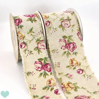 1m - Eleganza Burlap Linen Floral  Ribbon  - Easter Craft Sewing Shabby Chic • £3.36