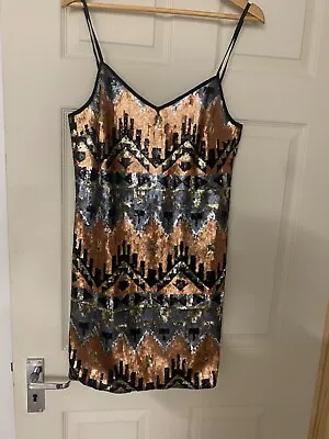 Miss Selfridge Bronze Gold Full Sequin Dress Strappy Party Size 12.  Fit 10 12 • $24.87