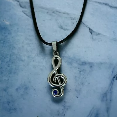 Treble Clef Music Note Pendant Necklace Silver Tone With Blue Rhinestone 18” • $8