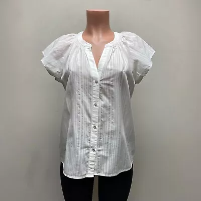 Rails Womens White Cotton V-Neck Stripe Flutter Short Sleeve Button Front Top M • $19.46