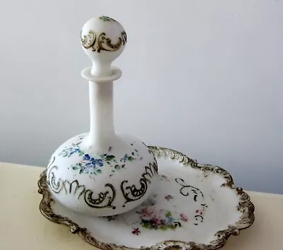 Antique Milk Glass Barber Shop Apothecary Bottle Floral Design And Tray • $24.60