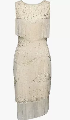 Women Dress SZ XL Beige Crew Neck Beaded Fringed 1920 Great Gatsby Party NWT • $14.99