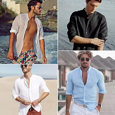 Mens Casual  Linen Shirt Summer Long Sleeve Loose Blouse Button Down Shirts Tops • $15.97