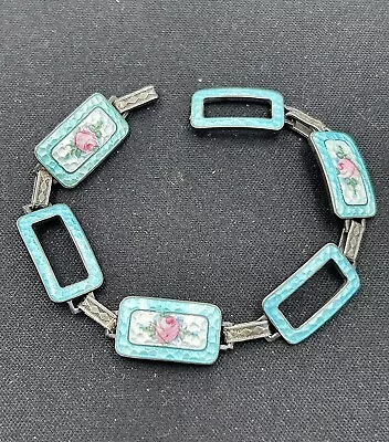 Vtg F.A. Hermann Sterling Silver Blue Enamel Pink Rose Ladies Bracelet (6.25 ) • $100