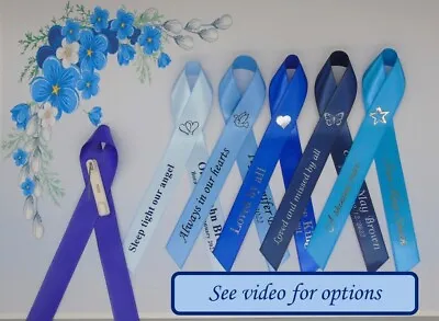 Blue Personalised Memorial  / Funeral / Sympathy Ribbon / Pin Ready To Wear • £81