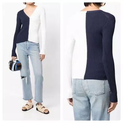 STAUD Sz XL Cargo Ribbed Knit Colorblock V-Neck Cardigan Navy White Stretch • $58