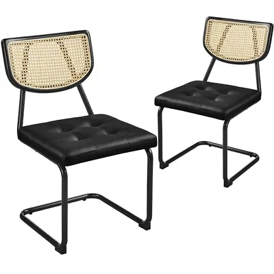 Dining Chairs Faux Leather Mid Century Dining Chairs Set Of 2 With Rattan Back • $115.98