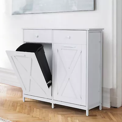 Tilt Out Double Trash Can Cabinet 10 Gallon Kitchen Bin Holder With 2 Drawers US • $146.89