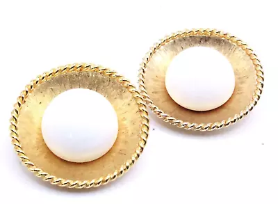 French Couture Massive White Acrylic Gold Tone Textured Clip Earrings • £47.44