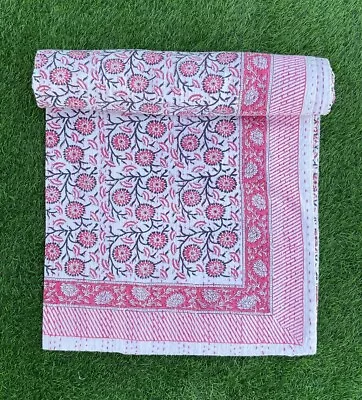 Indian King Size Pink White Floral Print Kantha Handmade Quilt Bedspread Blanket • £71.99