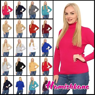Womens Ribbed Jumper Polo Neck Knitted Ladies Stretchy Long Sleeve Pullover Top • £11.14
