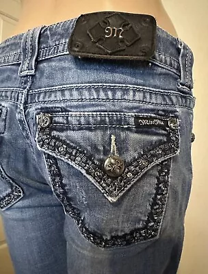 Miss Me Size 26 Low Rise Bootcut Embroidered Denim Blue Jeans • $35