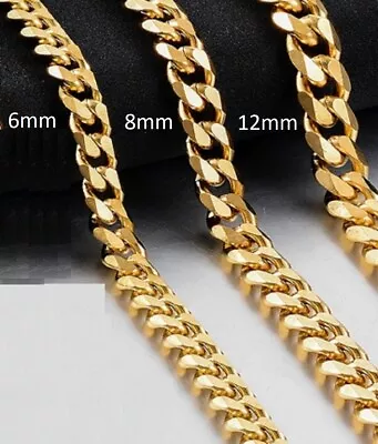 Mens Stainless Steel Gold Curb Link Chain Bracelet Necklace Jewellery 12/8/6mm • £7.95