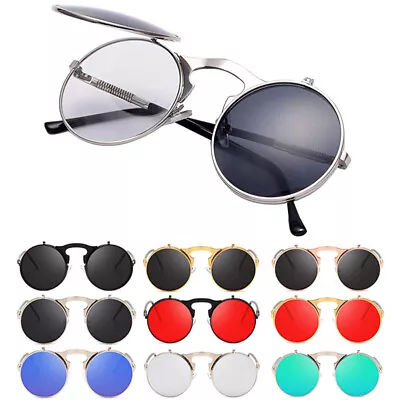 Vintage Flip Up Steampunk Men Sunglasses 90's Gothic John Lennon Round Glasses • $10.99