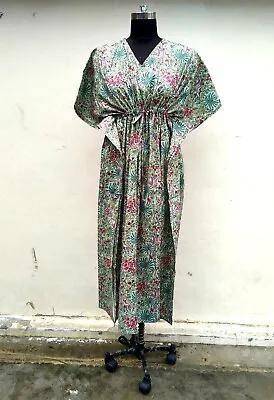 Indian Cotton Gray Floral Printed Kaftan Dress Women's Clothing Kaftan Dress AU • $33.75