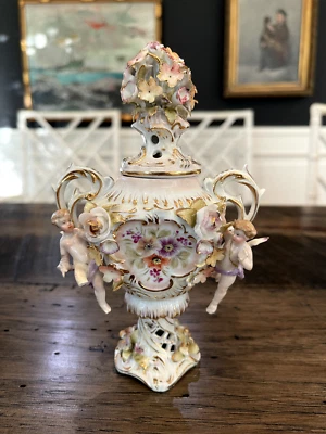 $175 • Buy 19th C. DRESDEN VOIGT SITZENDORF ANTIQUE GERMAN PORCELAIN POTPOURRI URN CHERUBS