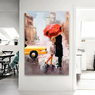Lovers Under Umbrella Oil Painting Effect Printed Wrapped Frame Canvas Wall Art • £59.99