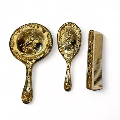 Vintage Vanity Set Mirror Brush Comb Gold Gilt Angel Cherub Art Nouveau Regency • $92.99