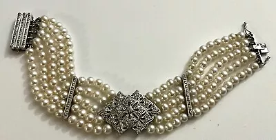 Vintage 14K White Gold Real Pearl And Diamond Bracelet  • $293.88