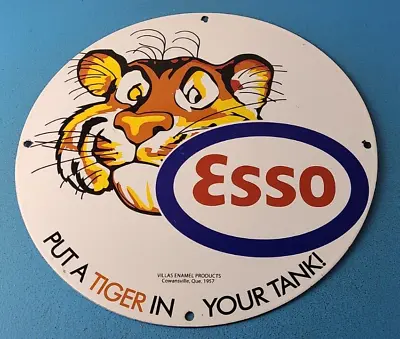 Vintage Esso Gasoline Sign - Tiger Gas Service Station Auto Tank Porcelain Sign • $139.37
