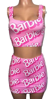 Hot Pink Barbie Print Bodycon Stretchy Top Skirt Set New Barbiecore 80’s Party • $102.43