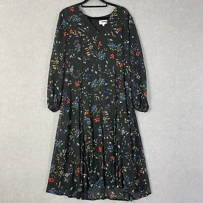 Veronika Maine Dress Size 14 Black Floral Pleats Long Sleeve Occasion D31 • $49.99