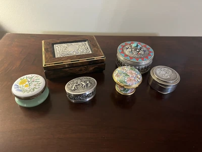 $250 • Buy Lot Of 6 Silver And Enamel Trinket Boxes. Crummles, Halcyon Days, And Sterling