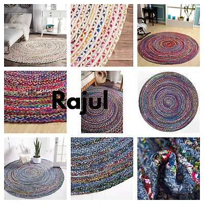 Round Rug Cotton Multi Color Carpet HandBraided Rustic Look Rugs For Living Room • $27.47