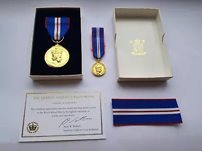 Official 2002 Queen Elizabeth Ii Golden Jubilee Medal & Miniaturecoaboxed • £125