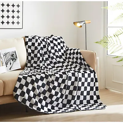 Checkerboard Fleece Plush Throw Blanket Black White Racing Check 50x60  Standard • $22.49