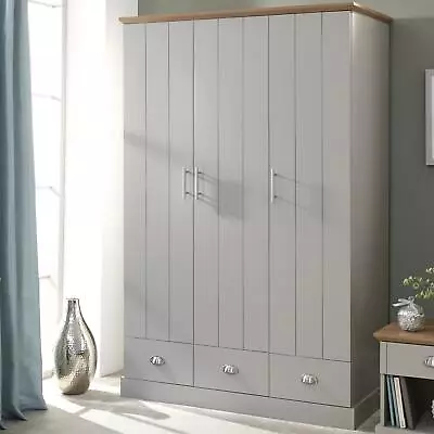 3-Door Wardrobe Triple Robe Grey Storage Clothes Rail Cabinet Bedroom Furniture • £312.99