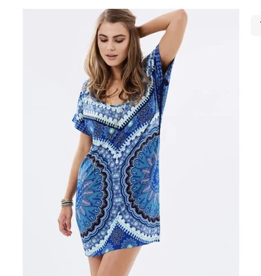 $55 • Buy TIGERLILY Archives Blue Mandala Geo Print Beach Kaftan Dress Sz M | Ex Cond