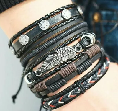 Leather Mens Bracelet Surfer Wristband Wrap Braided Bangle Gothic Surfer ~1 • £0.99