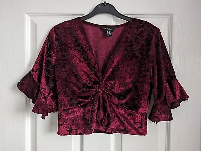 New Look Crushed Velvet Maroon Cropped Party Top Size 10 • £5.99