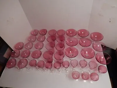 Vintage Delicate Victorian Cranberry Glass Clear Stemware Hand Blown 41 Pcs • $495