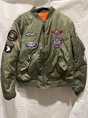 Alpha Industries MA-1 Bomber Jacket Youth Large Green Orange Patches • $46.14