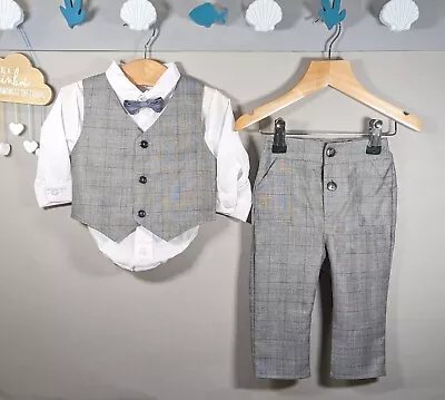 Baby Boys Grey Checker Outfit Smart Set Formal Suit Wedding Christening Baptism  • £32.10