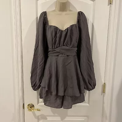 Zaful Skater Dress XXL Back Tie Tiered Mini Layered Zip Long  Sleeve Slate Gray • $24.85